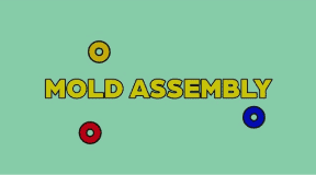 Mold assembly process on a green background with colorful components.