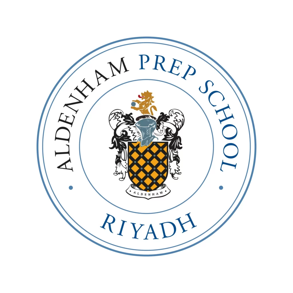 Elegant school crest of Aldenham Prep School in Riyadh with shield and heraldic elements, emphasizing prestige and tradition.