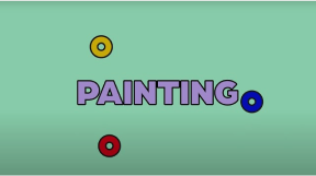 Colorful abstract digital art with vibrant shapes and text on a green background.