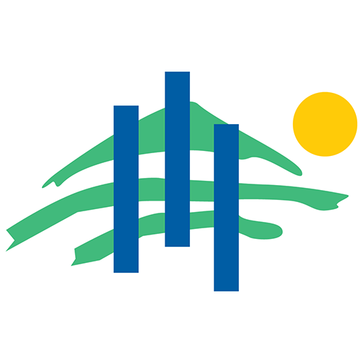 Blue and green abstract mountain logo with a yellow sun for Lebanons skyline or nature branding.